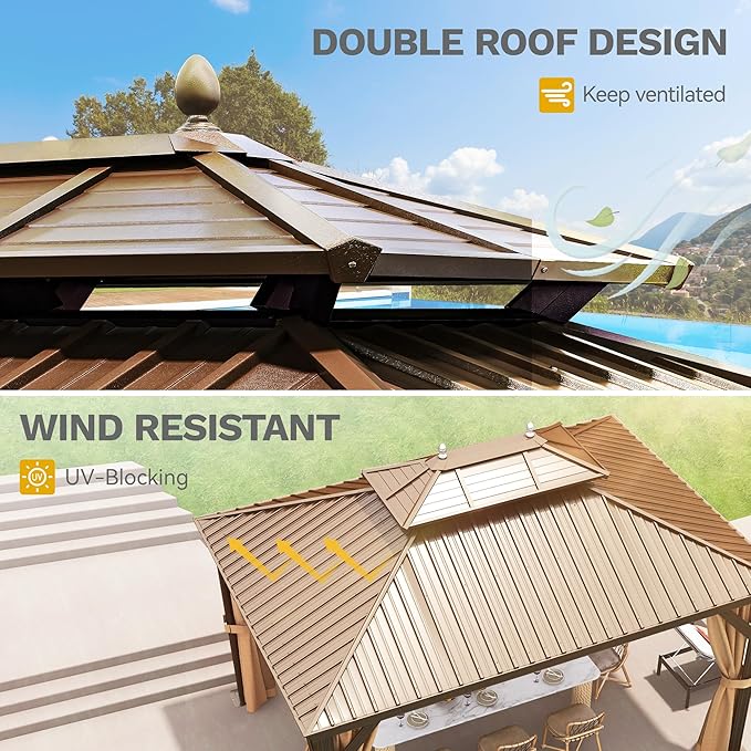 DWVO 12x14 ft Hardtop Gazebo Outdoor Heavy Duty Aluminum Gazebo with Nettings and Curtains, Combined of Horizontal and Vertical Stripes Roof for Patio, Backyard, Deck, Lawns and Balcony, Bronze