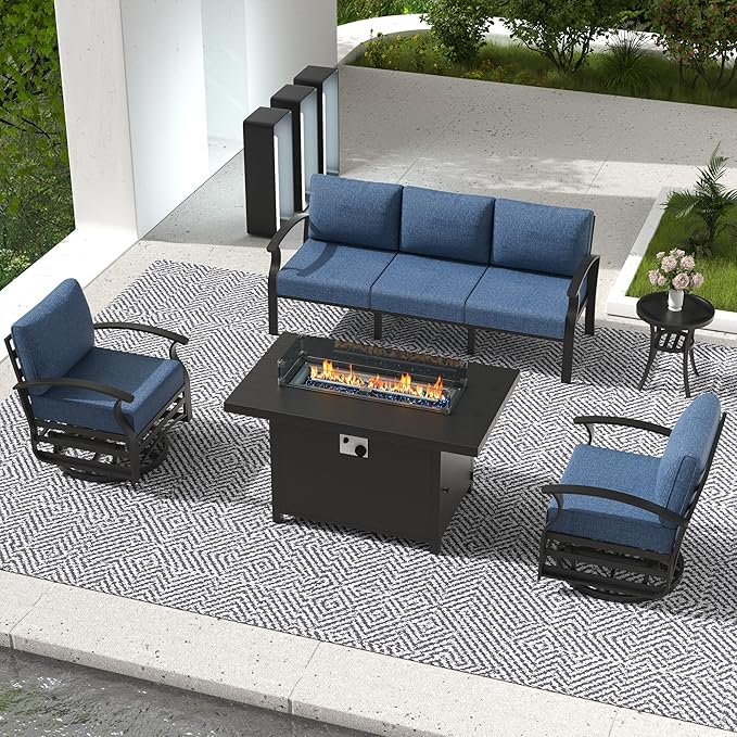 Aluminum Patio Furniture Set with Fire Pit Table, 5 Seats Outdoor Patio Conversation Set with Swivel Chair Modern Metal Patio Sectional Sofa with Upgrade Cushions for Patio, Backyard Navy
