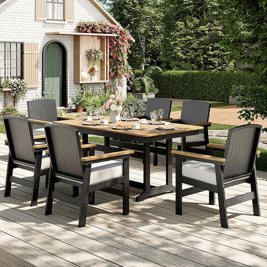 MIXPATIO 7-Piece Outdoor Patio Dining Sets, Patio Table and Chairs Set, HDPE Outdoor Dining Set, Rattan Wicker Patio Set with Ultra-Soft Cushions for Backyard, Deck, Garden - Black