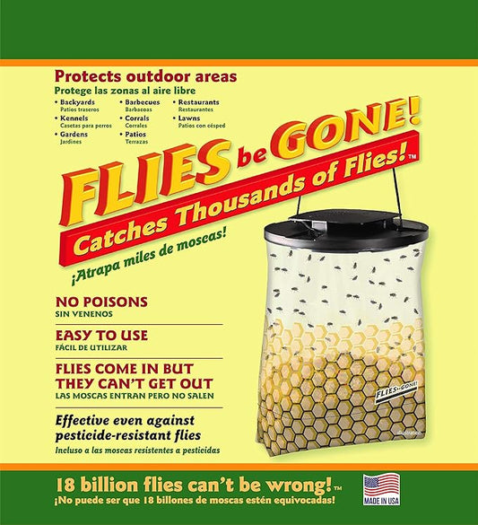 Flies Be Gone Fly Trap - Disposable Non Toxic Fly Catcher -Made in USA - Natural Bait Trap for Patios, Ranches, Outdoor Environments - Easy to Use Outdoor, Keeps Flies from Coming Indoors