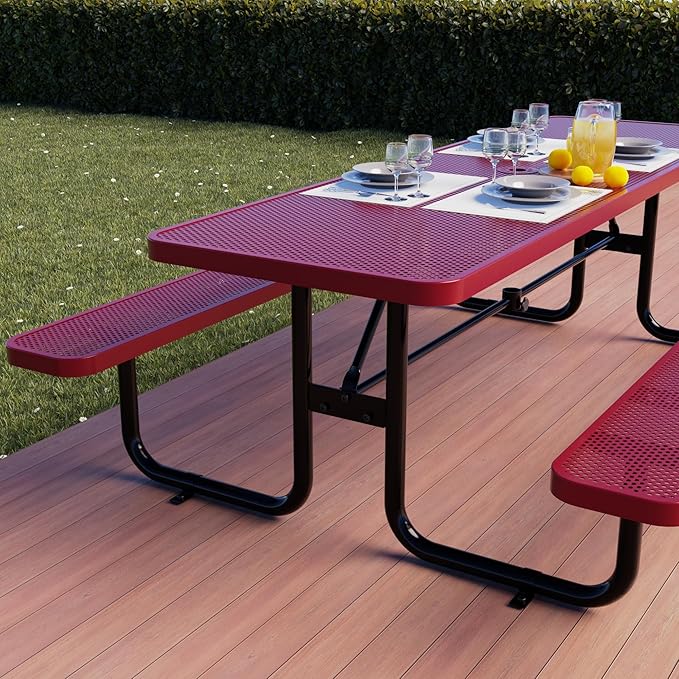 OUTTANS Commercial Heavy-Duty Metal Picnic Table - ADA Compliant, Adjustable Seats, Umbrella Hole (Red, 8' Rectangular, Punched Steel)