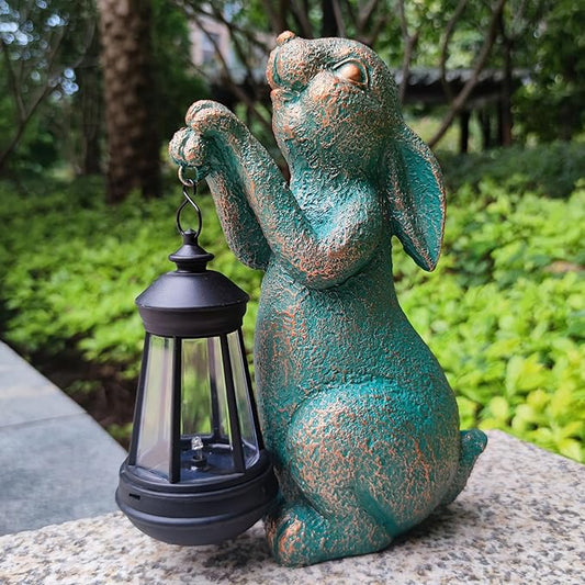 RCTTICUU Rabbit Garden Statue Outdoor Décor with Solar Lights Lantern,Rabbit Solar Light Figurines Outside Decorations for Yard，Lawn, Patio, Balcony, Unique Housewarming Gifts