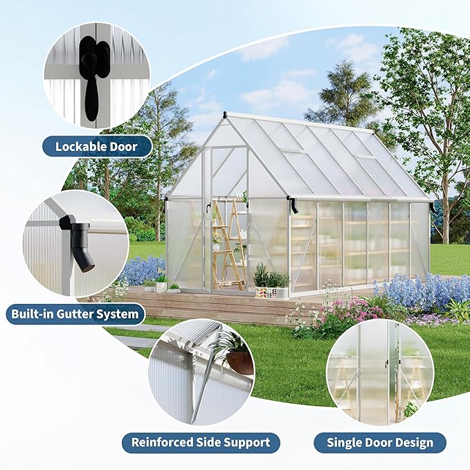 Polycarbonate Greenhouse for Outdoors, Large Walk-InGreenhouse with Quick Setup Structure and Roof Vent, Greenhouse with Ventilation