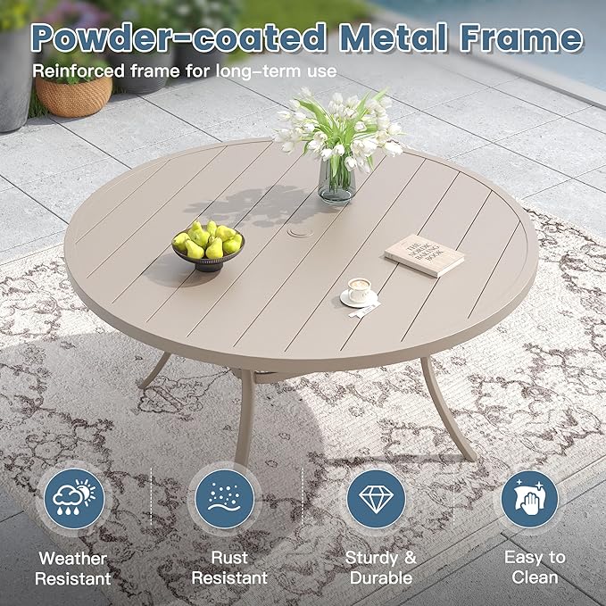 DIFY 53" Round Outdoor Patio Dining Table for 8, Metal Patio Table with 1.57" Adjustable Umbrella Hole, All-Weather Dining Furniture Table for Backyard Lawn Garden, Cream