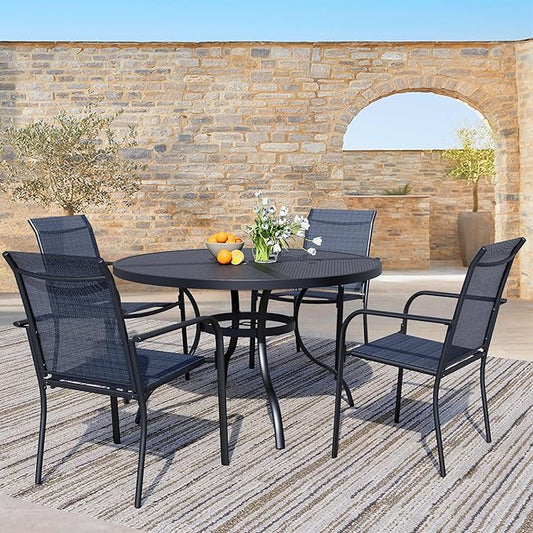 5 Piece Outdoor Dining Set, Patio Table and Chairs Set of 4, 42" Black Round Patio Table with 4 Dark Blue Stackable Patio Chairs for Lawn, Garden, Porch
