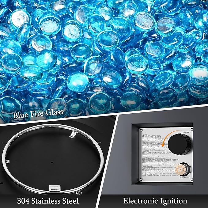 UPHA 42-inch Outdoor Propane Gas Fire Pit Table 50000 BTU Iron Round Firepit for Outside Patio with Tank Hidden Table, Removable Lid, Blue Glass Rocks, Rain Cover, Grey