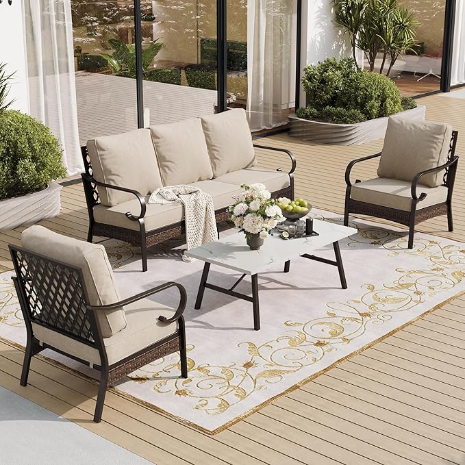 4 Piece Metal Outdoor Patio Furniture Set, Patio Conversation Sets 1 3-Seater Sofa, 2 Chairs with 5.75" Extra Thick Cushion and Coffee Table, Black Frame Backyard Furniture, Beige