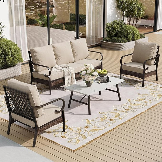 4 Piece Metal Outdoor Patio Furniture Set, Patio Conversation Sets 1 3-Seater Sofa, 2 Chairs with 5.75" Extra Thick Cushion and Coffee Table, Black Frame Backyard Furniture, Beige