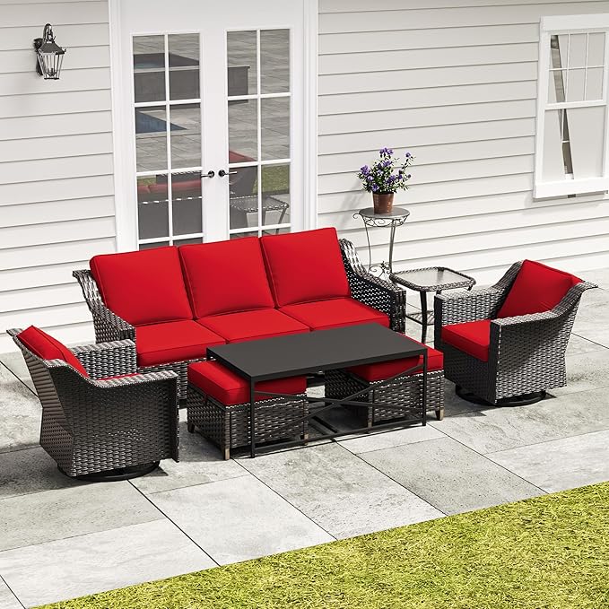 7 Pieces Outdoor Conversation Furniture Set - 77" Patio Sofa, 2 Swivel Rocker Chairs, 2 Ottomans, 1 Side Table, 1 Metal Table, Wicker Couch with Washable Cushions for Balcony (Red)