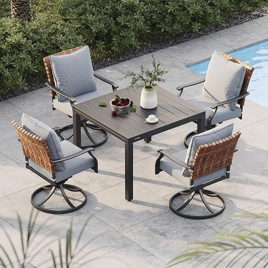 Grand patio 5-Piece Outdoor Dining Set, 4 Leather-Look Wicker Swivel Patio Chairs & 1 Expandable Dining Table, Black