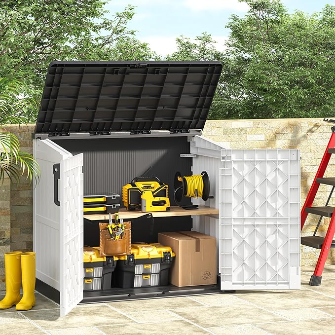 Outdoor Resin Storage Shed 36 Cu. Ft. Garden Horizontal Storage Extra Large Capacity Weather Resistant Storage Box, Lockable Resin Waterproof Shed, Light Grey