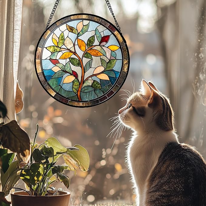 QZQCBLC Stained Glass Window Hanging Colorful Tree of Life Large 11.8" - Plant Leaves Suncatcher Door Garden Sun Catcher Home Decor Birthday Christmas for Mom Men Woman Nana Friend