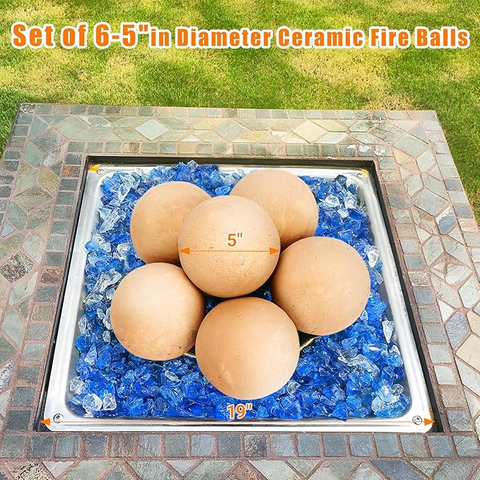 Ceramic Fire Balls, 5 Inch Set of 6 Fire Stones for Indoor & Outdoor Fire Pits or Gas Fireplaces, Reusable Decorative Landscaping and Fireplaces Accessories, Beige