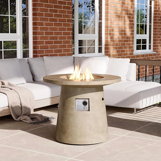 HOMPUS Outdoor Fire Pit Gray Propane Fire Table, 31 inch Round Propane Fire Pit, 40,000 BTU Gas Smokeless Fire Pit Table, Patio Concrete Firepit with Rain Cover for Garden, Deck, Backyard