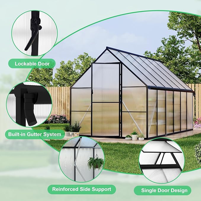 Polycarbonate Greenhouse for Outdoors, Large Walk-InGreenhouse with Quick Setup Structure and Roof Vent, Greenhouse with Ventilation and Rain Gutter