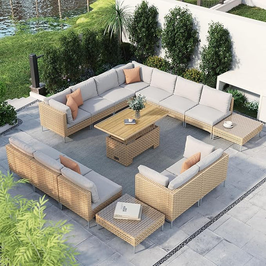 Grand patio 15-Piece Wicker Patio Furniture Set with Lift Top Coffee Storage Table, Outdoor Conversation Set Sectional Sofa with Water Resistant Thick Cushions, Cream