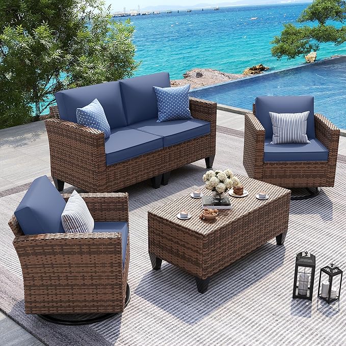 UDPATIO Patio Furniture Set, 5 Pieces Outdoor Wicker Furniture Set with Swivel Rocking Chairs Storage Table and Waterproof Covers for Backyard, Deck, Porch, Navy