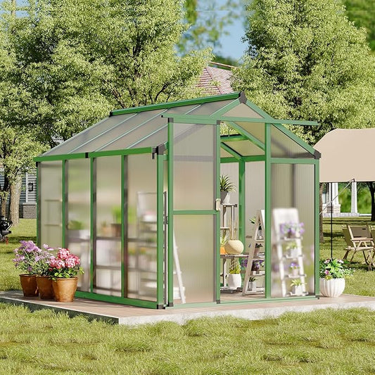 Greenhouse, 6x8 Ft Outdoor Greenhouses, Accessible Green House with Roof Vents and Sliding Doors, Aluminum Frame Polycarbonate Greenhouses, Large Greenhouse for Outdoor Gardens and Backyards, Green