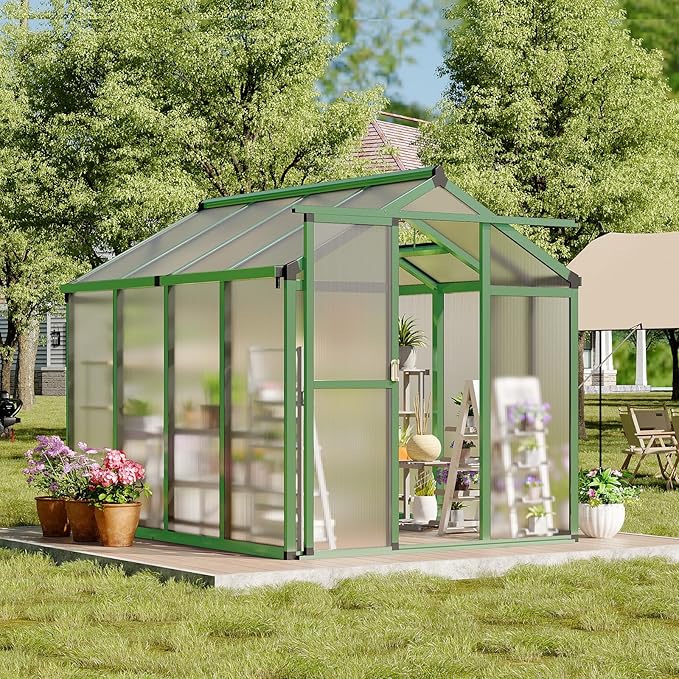 6 X 8 Ft Greenhouse, Greenhouses for Outside, Polycarbonate Greenhouse with Aluminum Frame, Lockable Door and Ajustable Roof Vent for Backyard, Green Houses for Outside Garden Backyard, Patio