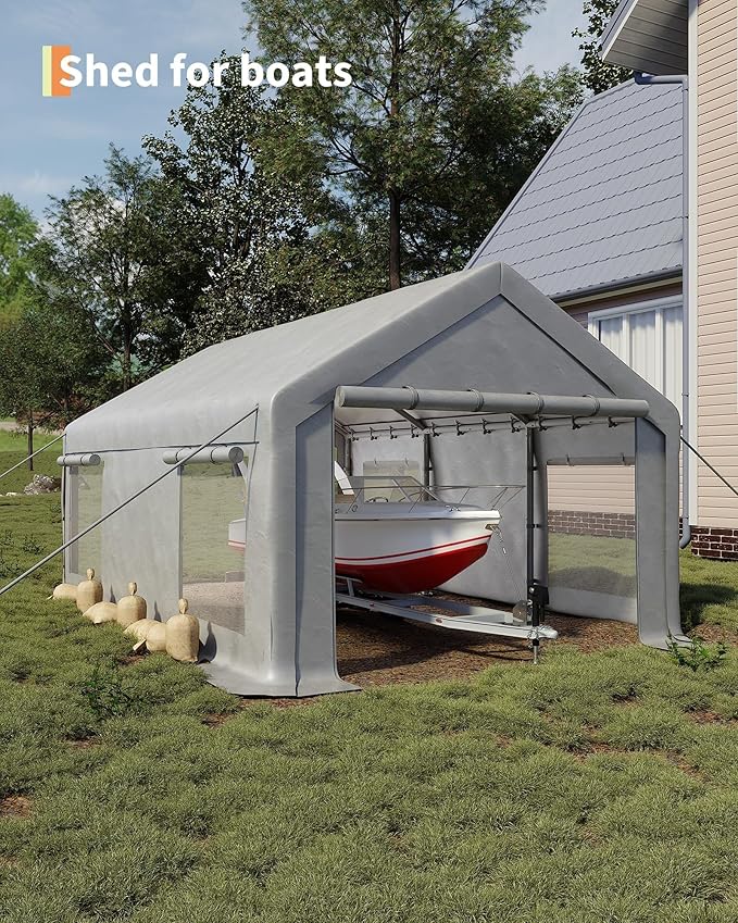 13x20 Ft Carport, Heavy Duty Portable Garage with Roll-Up Doors & 4 Windows,200g PE Tarp Waterproof & UV Protected,All-Weather Design,for Car, Boat, Truck, Motorcycle, ATVs, and SUV