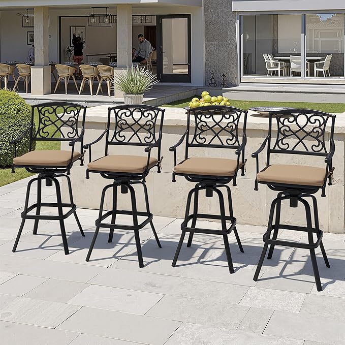 Crestlive Products Outdoor Bar Stools with Sunbrella Cushion Set of 4, 360° Swivel Patio Bar Height Chairs, All Weather Heavy Duty Commercial Grade Furniture, Antique Brown Finish for Outside (Beige)