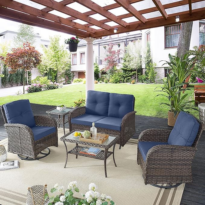5 Piece Swivel Rocker Glider Outdoor Chairs Set of 2 with Ottoman and Glass Side Table Patio Bistro Furniture Set, Comfort High Back Wicker Patio Conversation Set for Deck Porch Sunroom
