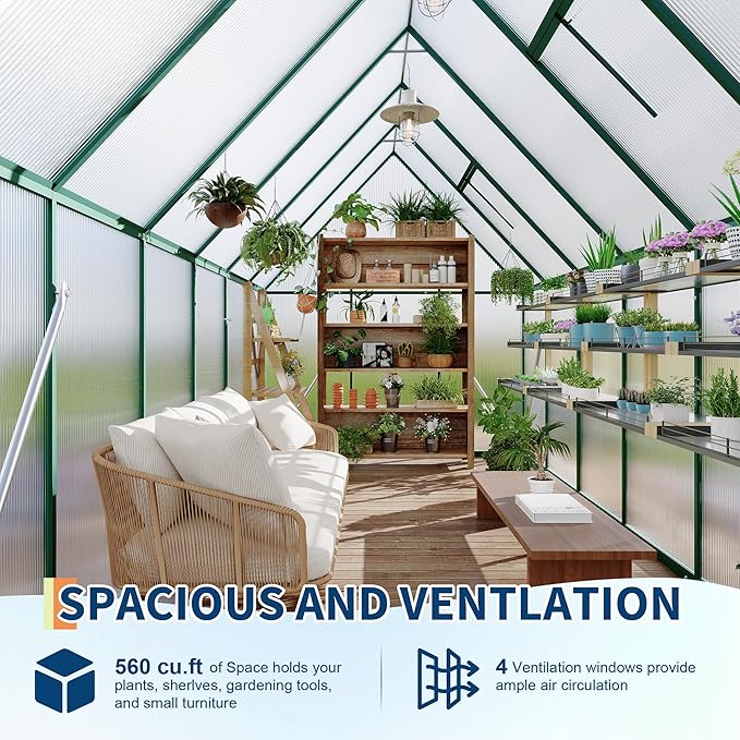 Polycarbonate Greenhouse for Outdoors, Large Walk-InGreenhouse with Quick Setup Structure and Roof Vent, Greenhouse with Ventilation