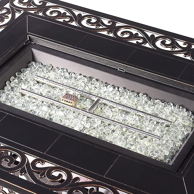 Aluminum 57,0000 BTU 48 in. Rectangular Propane Black Fire Pit Table with Fire Beads, Lid, Propane Tank Cover and Table Fabric Covers in Copper