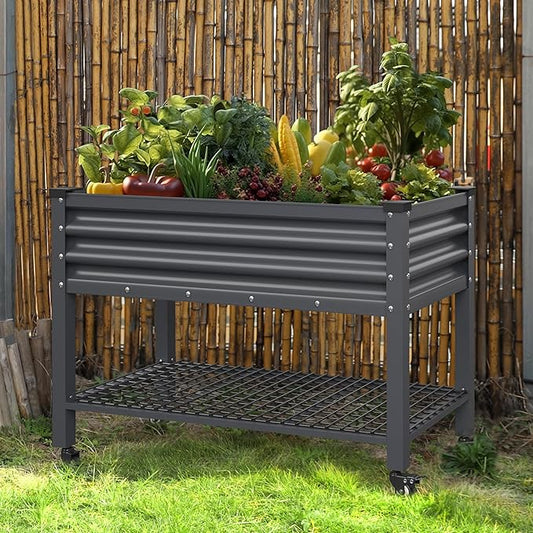 48" W x 24" D x 34" H Galvanized Raised Garden Bed with Lockable Wheels, Raised Garden Beds Outdoor with Drainage Gaps & Shelf, Planter Boxes Outdoor for Backyard, Patio, Balcony, Grey