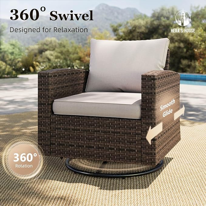 HERA'S HOUSE Patio Wicker Chairs Outdoor Swivel Rocker Chairs Set with Ottomans, 4 Piece Outdoor Seating Furniture Conversation Sets for Lawn Deck Porch Pool, Brown/Beige