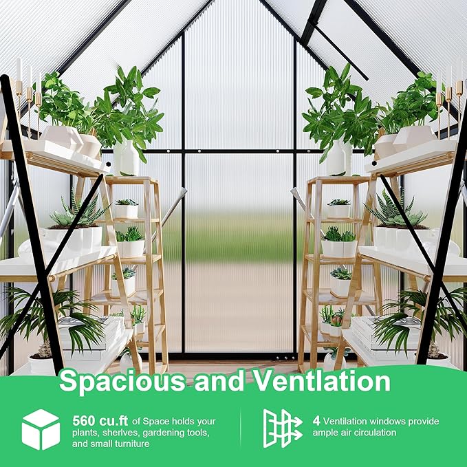 Polycarbonate Greenhouse for Outdoors, Large Walk-InGreenhouse with Quick Setup Structure and Roof Vent, Greenhouse with Ventilation