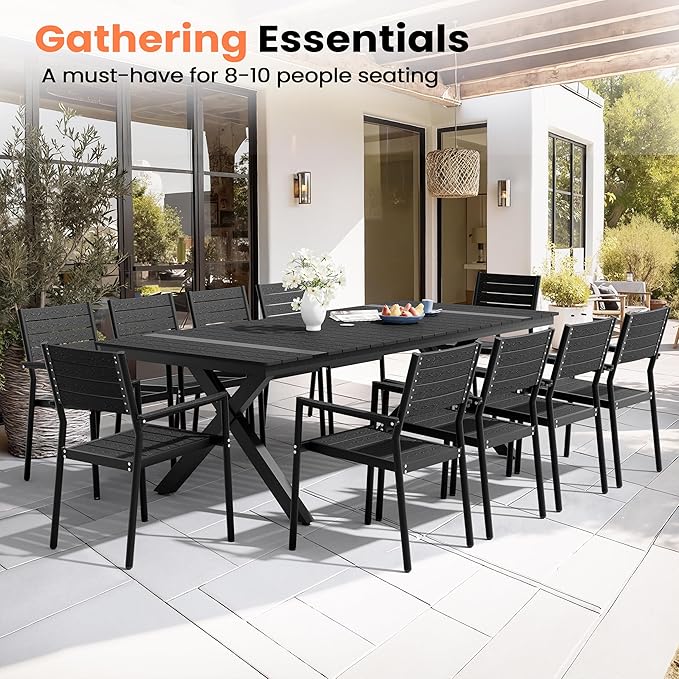 Pellebant 94" Outdoor Dining Table for 6-8, Aluminum Patio Dining Table with Umbrella Hole, Waterproof Wood-Like Tabletop for Lawn Garden Backyard, Black