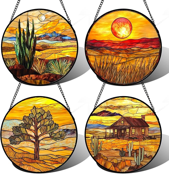 DASTOLL Stained Glass Window Hanging 4 Pcs Set Desert Sunset Theme Landscape 9.8" - Suncatcher Door Garden Sun Catcher Decor Birthday Christmas for Mom Woman Nana Men