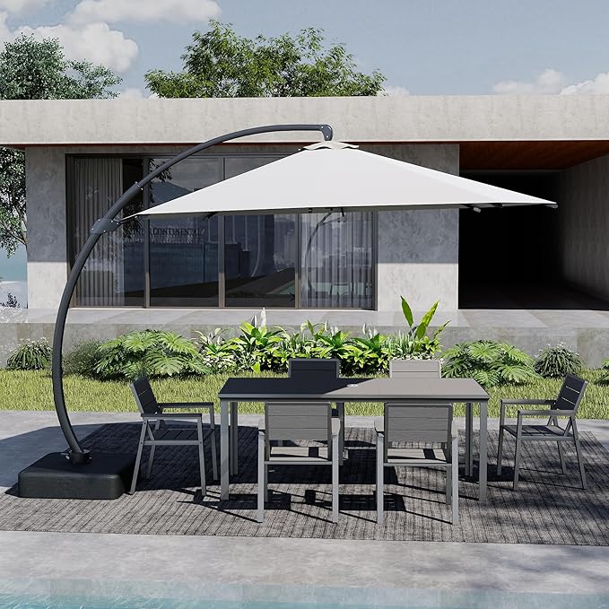 Kingdura 7 Piece Patio Dining Set for 6, HDPE Outdoor Table & Chairs with 11ft Cantilever Patio Umbrella, All-Weather Outdoor Furniture Patio Conversation Set for Lawn Pool Backyard, Grey