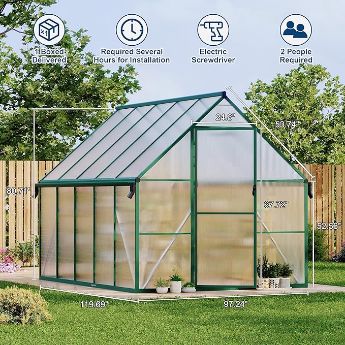 Polycarbonate Greenhouse for Outdoors, Large Walk-InGreenhouse with Quick Setup Structure and Roof Vent, Greenhouse with Ventilation