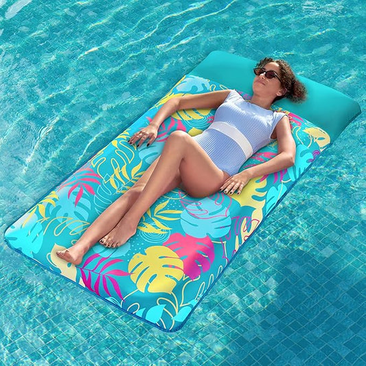 SLOOSH Inflatable Pool Floats Raft - XL Fabric Covered Pool Mat Lounger Floaties for Adults, Ultra Comfort Inflatable Water Float with Headrest for Beach Lake Swimming Pool Floating 68"X34" (Teal)