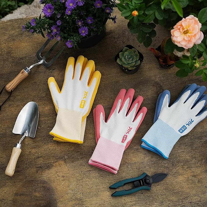 JDL Gardening Gloves for Women, 6 Pairs Breathable Latex Coated Yard Garden Gloves, Rubber Outdoor Protective Work Gloves with Grip, Multiple Colors, Large Size