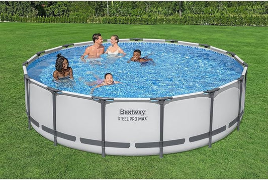 Bestway Steel Pro MAX 15' x 42" Above Ground Pool, Round Metal Frame Outdoor Swimming Pool Set with Filter Pump, Ladder, and Cover, Gray