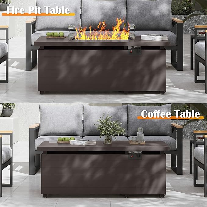 Sundale 51 Inch Outdoor Fire Pit Table, 50,000BTU Rectangle Propane Fire Pit with Sliding Tank Holder, Glass Wind Guard, Removable Lid, CSA Certified, Brown