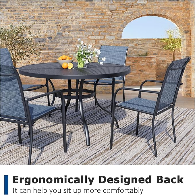 5 Piece Outdoor Dining Set, Patio Table and Chairs Set of 4, 42" Black Round Patio Table with 4 Blue Stackable Patio Chairs for Lawn, Garden, Porch