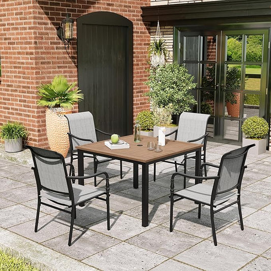 5 Piece Patio Dining Set, 4 x Textilene Dining Chairs, 42" Square Outdoor Dining Table with 1.57" Umbrella Hole, for Garden Lawn Porch and Backyard Poolside, Grey