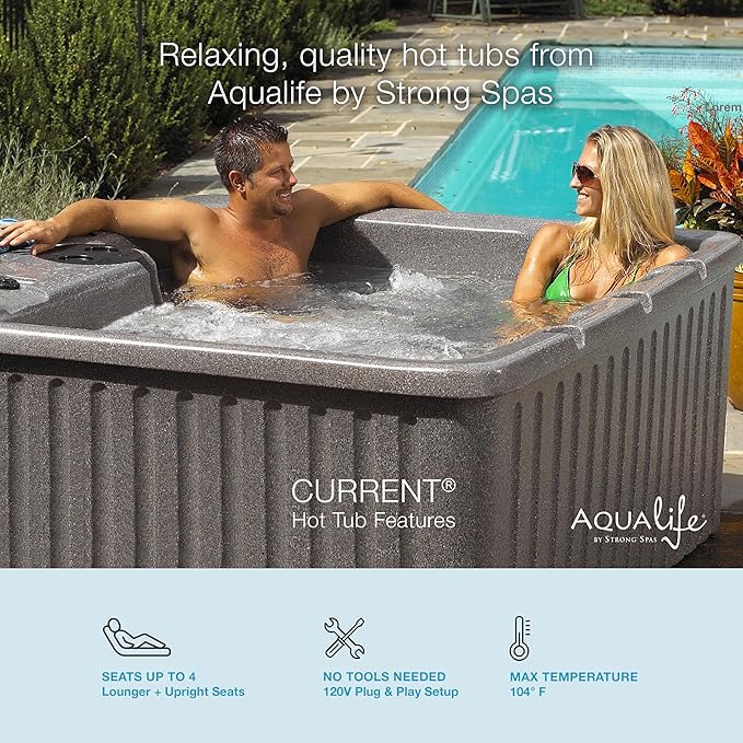 Aqualife Current Outdoor Hot Tub, Free Extras, Fits 4-Adults, Plug and Play Spa, Free Cover Included, Made in USA