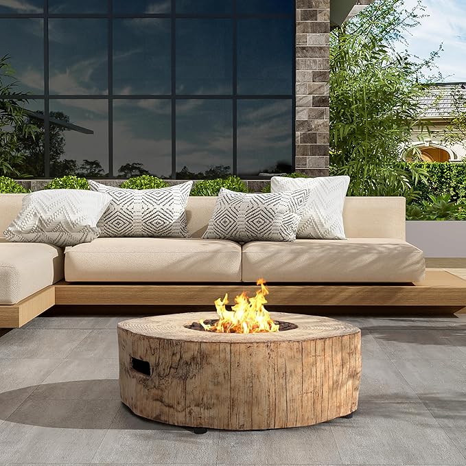 Propane Fire Pit Table, 28" MGO Firepits for Outside, Round Gas Fire Pit for Outside Patio, Propane Fire Table with Rocks for Deck, Backyard, Tank Not Included, 30,000BTU, Brown