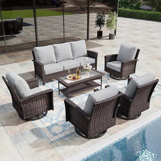 6-Piece Wicker Patio Furniture Set with Swivel Chairs, High Back Outdoor Sofa with 5.5-inch Thick Cushion, All-Weather Wicker Patio Conversation Set for Deck Yard Pool, Grey