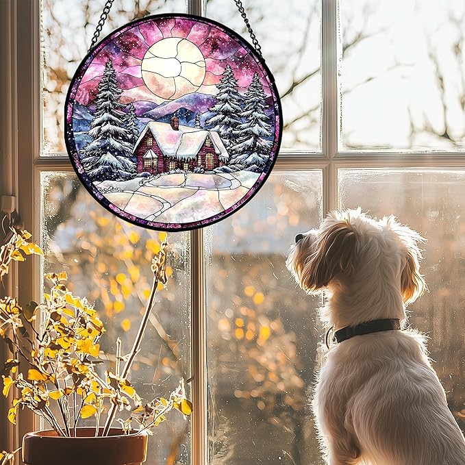 AMDERVEN Stained Glass Window Hanging - Winter Snow Scene Cabin Moon Sun Catcher for Door Garden Home Decor Pine Tree Suncatcher Christmas Mother's Day Birthday Gifts for Women Men Mom Nana 6.3 in