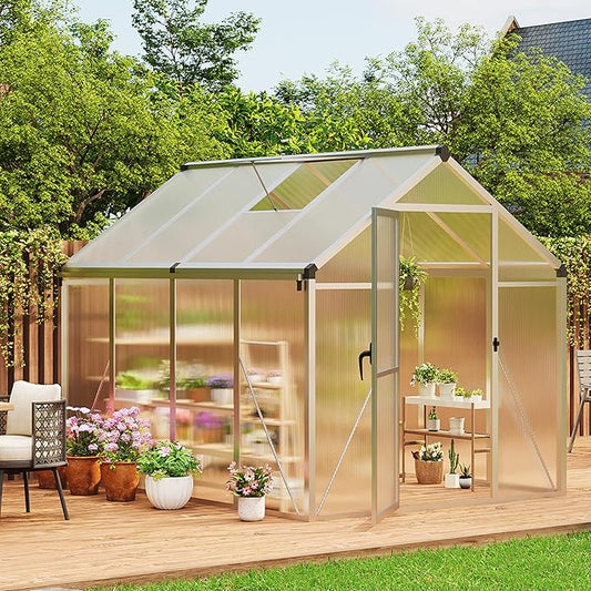 6×8 FT Greenhouse, Large Walk in Greenhouses for Outdoors and Garden Planting, Polycarbonate Greenhouse with Enhanced Aluminum Frame, Green Houses with Quick Setup Structure and Roof Vent, Silver