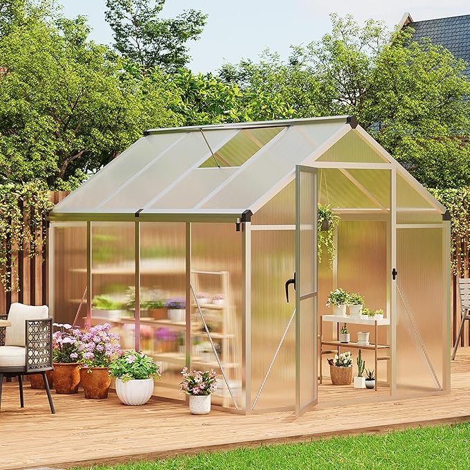 6x8 ft Greenhouse for Outdoors, Polycarbonate Greenhouse with Roof Vent, Ground Nails, Lockable Push Door, Aluminum Large Walk-in Green House for Outside Garden Backyard, Patio, Lawn, Silver