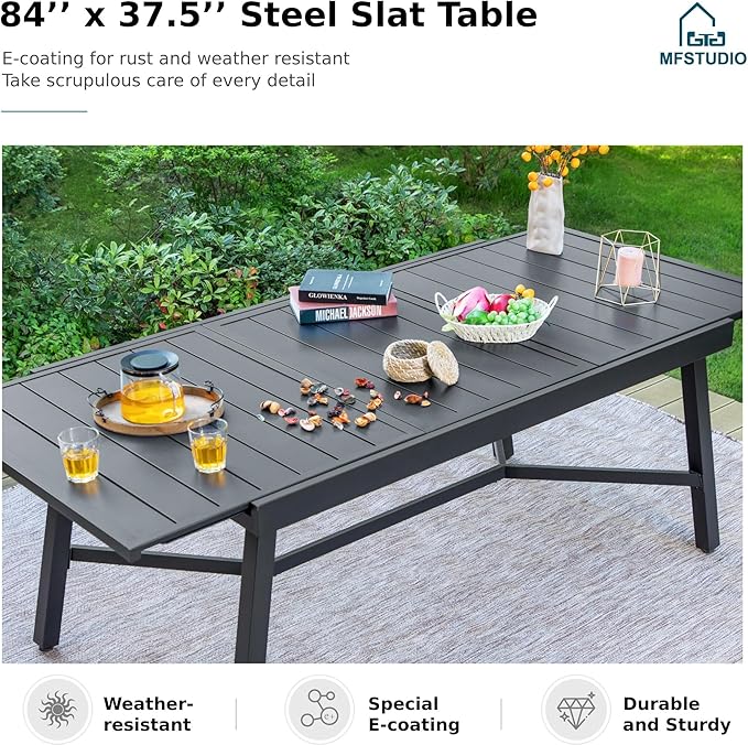 MFSTUDIO Outdoor Dining Expandable Table,Adjustable Outdoor Inclined Leg Rectangle Table for 6-8 Person Lawn,Garden,Black Metal Frame