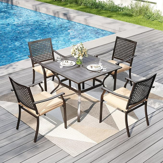 PHI VILLA 37 Inch Outdoor Dining Table Metal Steel Mesh Patio Dining Table Umbrella Table with 1.57" Umbrella Hole (Mesh)