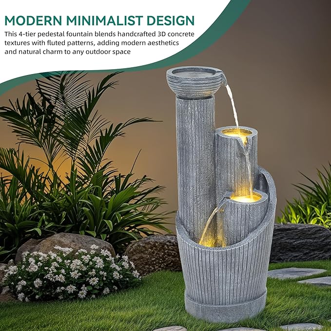 Autodaya 31" Modern Outdoor Water Fountain with LED Lights, 5-Tier Twist Pedestal Bowl Garden Fountain, Cascading Waterfall for Relaxing Garden, Patio, Backyard, Deck, Porch or Home Decor